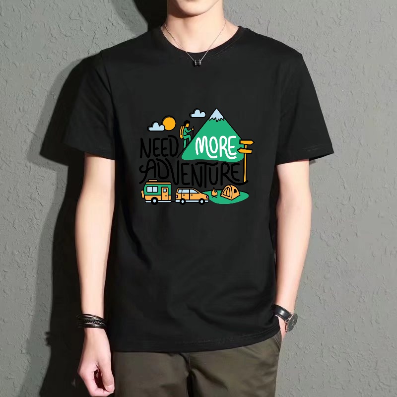 Outdoor Adventure Outfit - Men's Black Round-Neck Short-Sleeved T-Shirt, Outdoor